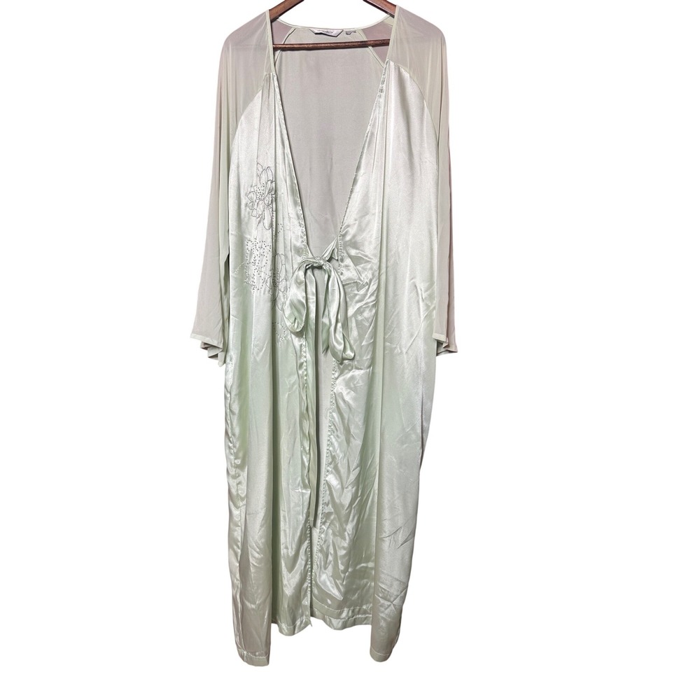 VTG‎ Delicates Women NA Light Green Sheer Floral Embellish Tie Waist Kimono Robe